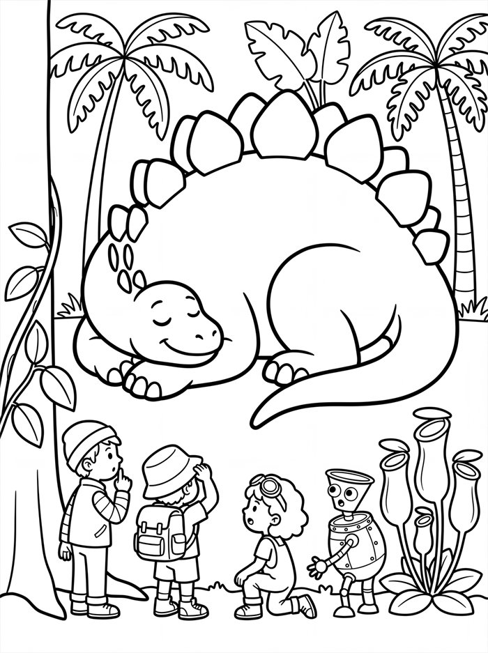 Coloring page of a sleeping dinosaur in the jungle with four children looking up at it