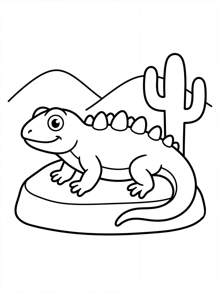 Coloring page of a desert lizard on a rock beside a cactus