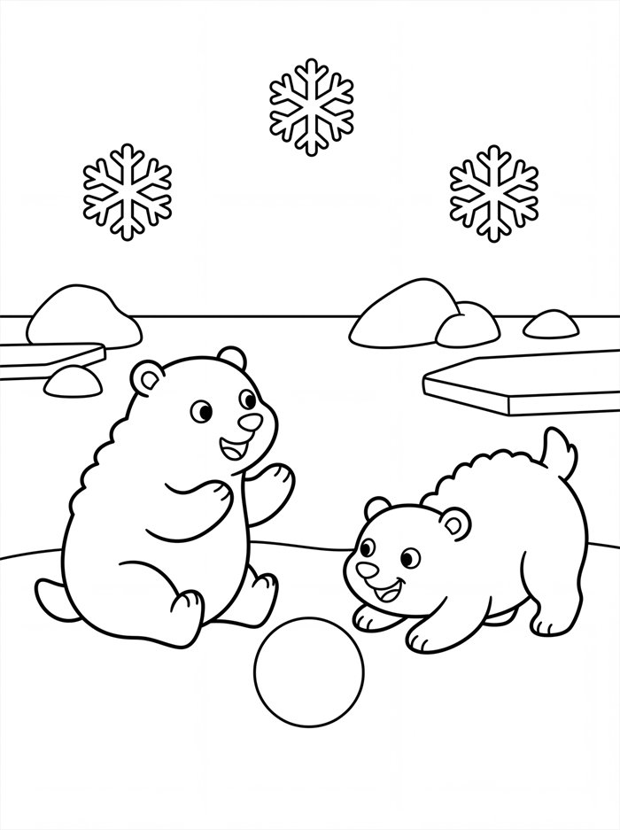 Coloring page of two polar bear cubs playing on the ice with a snowball